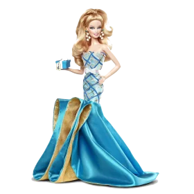 Elegant Blonde Barbie Doll in Stunning Blue Satin Ballgown Clipart Design