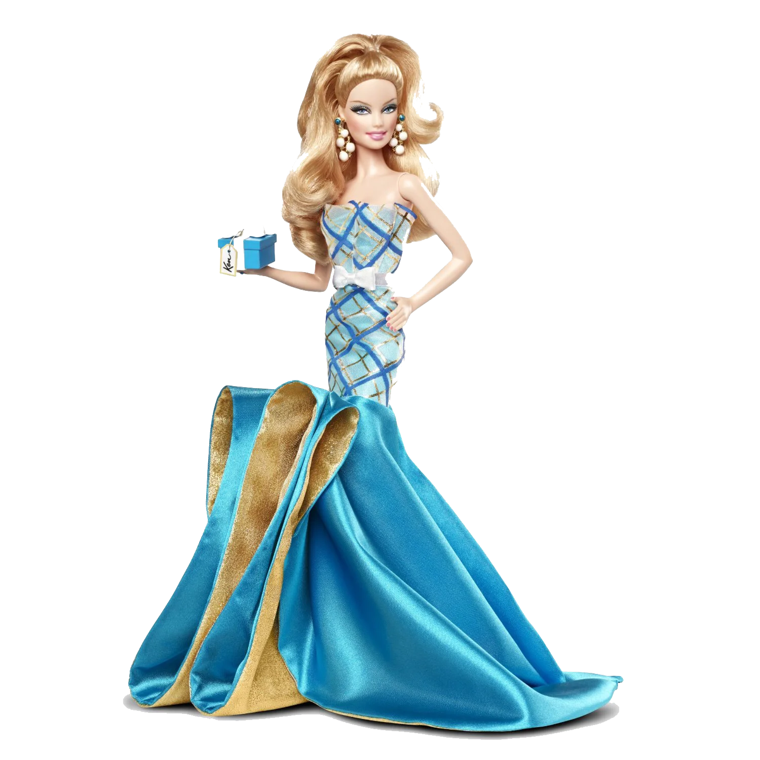Elegant Blonde Barbie Doll in Stunning Blue Satin Ballgown Clipart Design