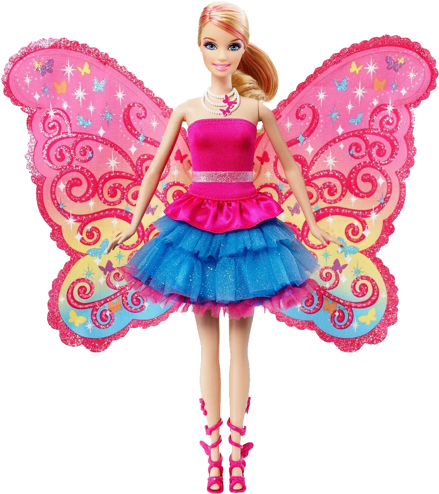 Enchanting Butterfly Barbie Clipart: Magical Pink and Blue Fairy Doll with Ornate Wings