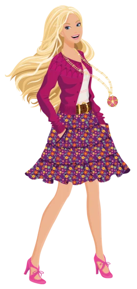 Fashionable Blonde Barbie Clipart in Magenta Jacket and Floral Skirt