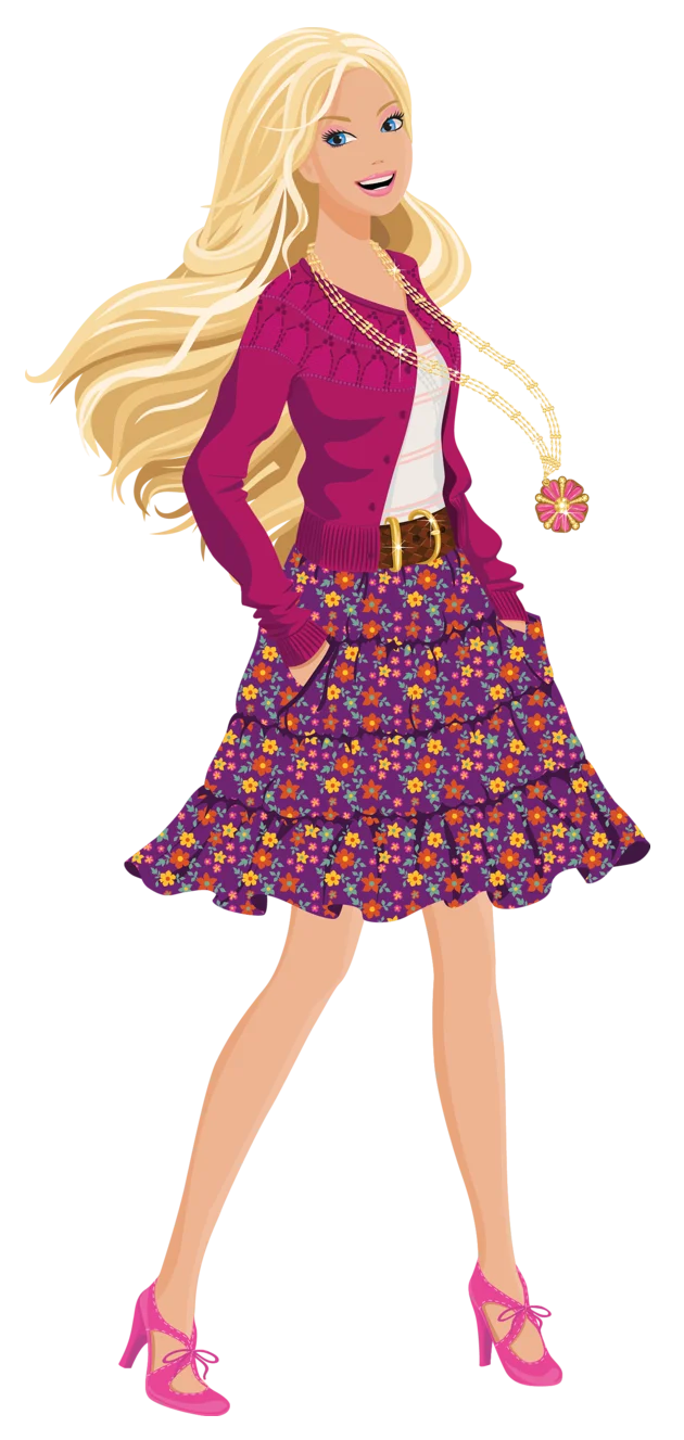 Fashionable Blonde Barbie Clipart in Magenta Jacket and Floral Skirt