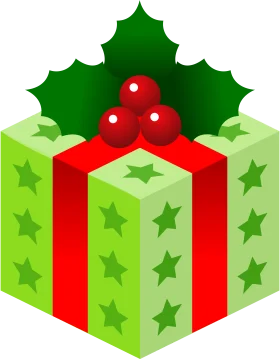 Festive Christmas Gift Clipart with Holly and Starry Green Wrapping Paper
