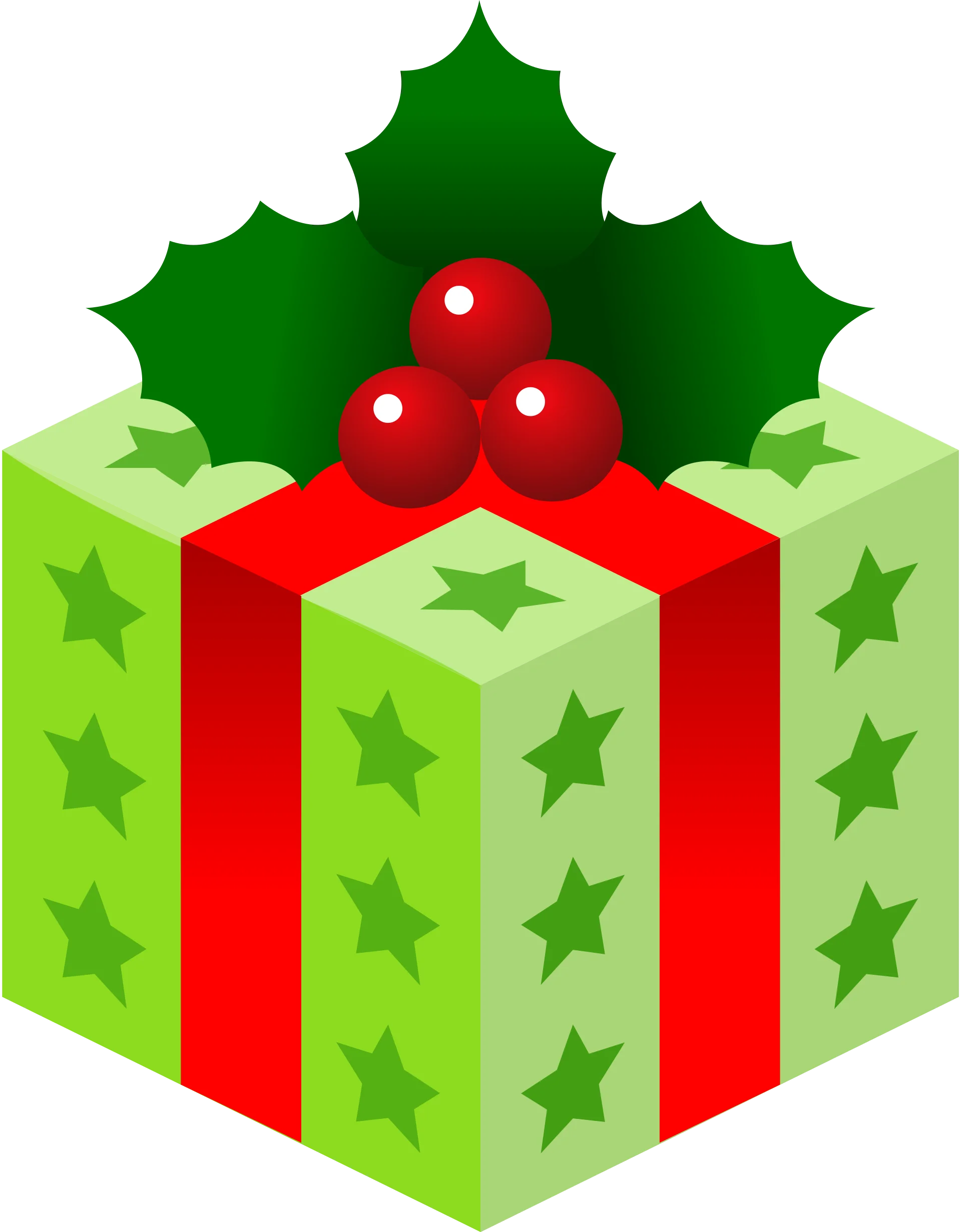 Festive Christmas Gift Clipart with Holly and Starry Green Wrapping Paper