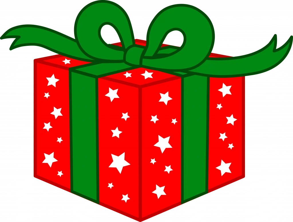 Festive Christmas Gift Clipart with Starry Red Wrapping and Green Ribbon