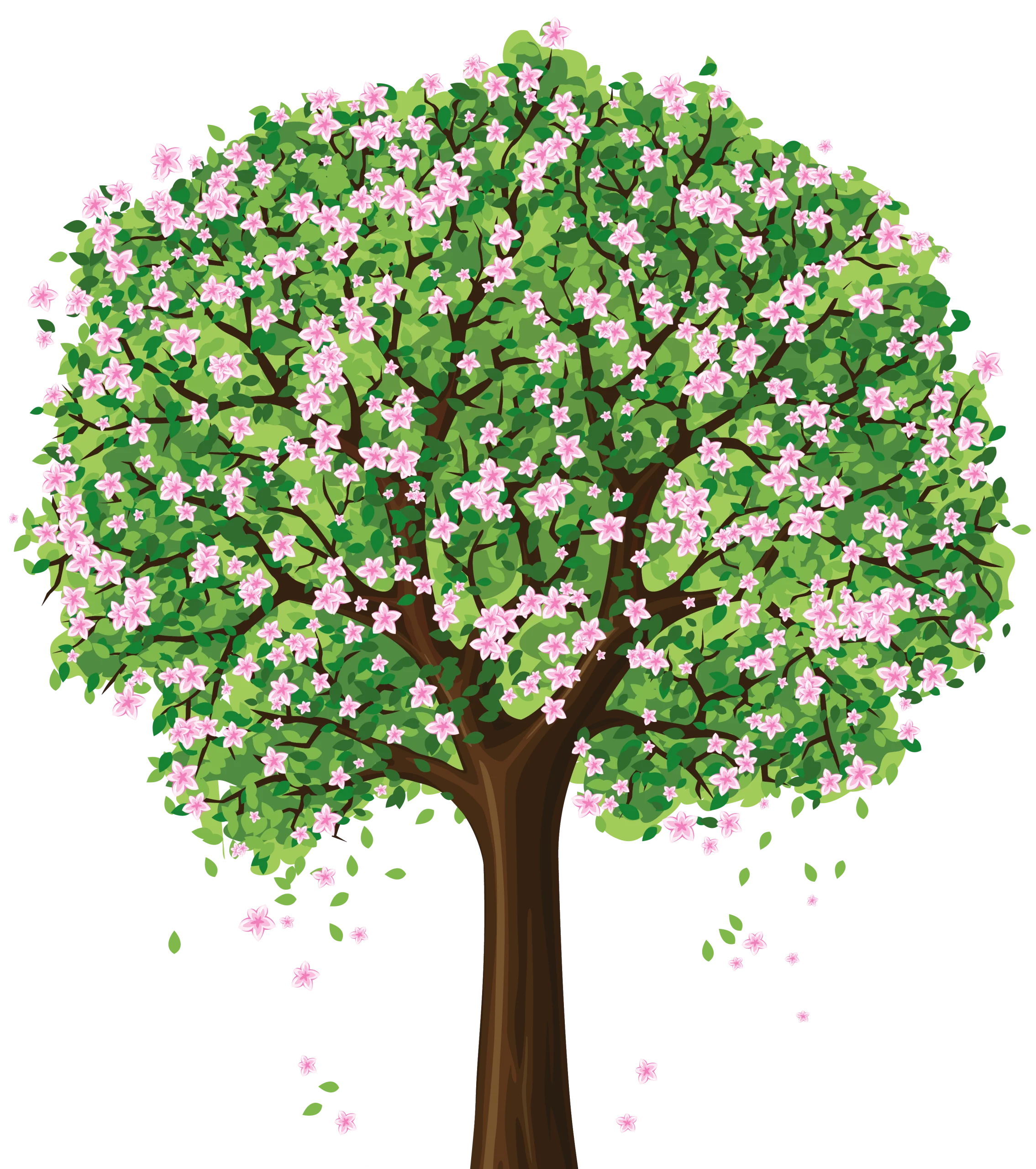Lush Spring Blossoming Tree Clipart with Soft Pink and Green Hues