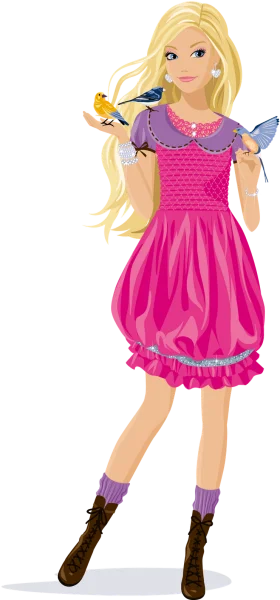 Whimsical Blonde Barbie Clipart with Playful Bird Companions in Pink Dress