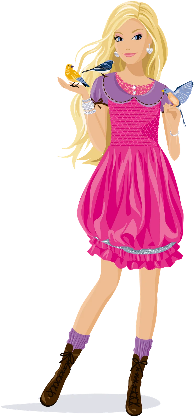Whimsical Blonde Barbie Clipart with Playful Bird Companions in Pink Dress