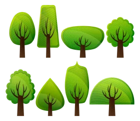 Whimsical Green Forest Trees Clipart Collection with Diverse Tree Shapes and Silhouettes