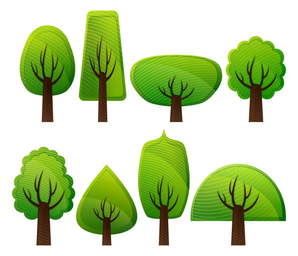 Whimsical Green Forest Trees Clipart Collection with Diverse Tree Shapes and Silhouettes