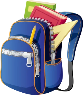 Blue School Backpack Clipart with Colorful Books and Supplies Bursting from Pockets