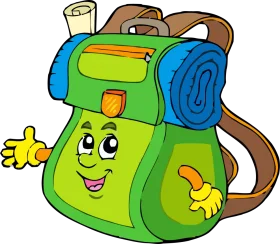 Cheerful Green and Blue School Backpack Adventure Clipart with Cartoon Character