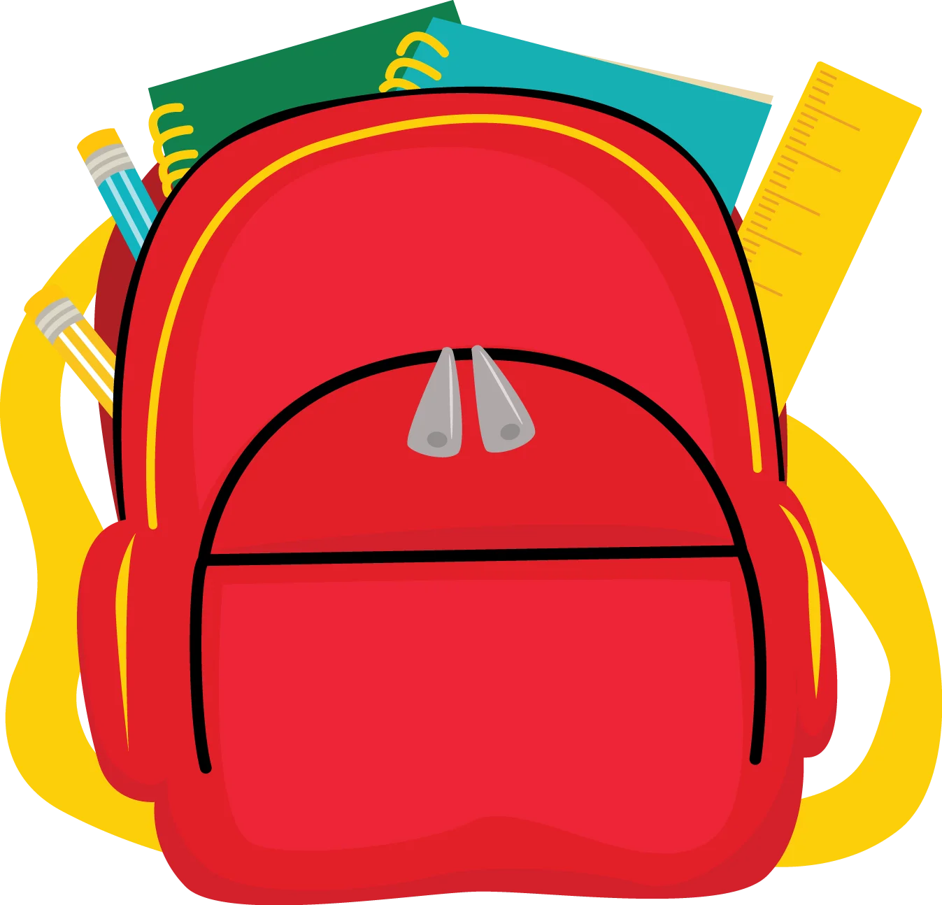 Cheerful School Backpack Clipart with Bright Colors and Essential Supplies