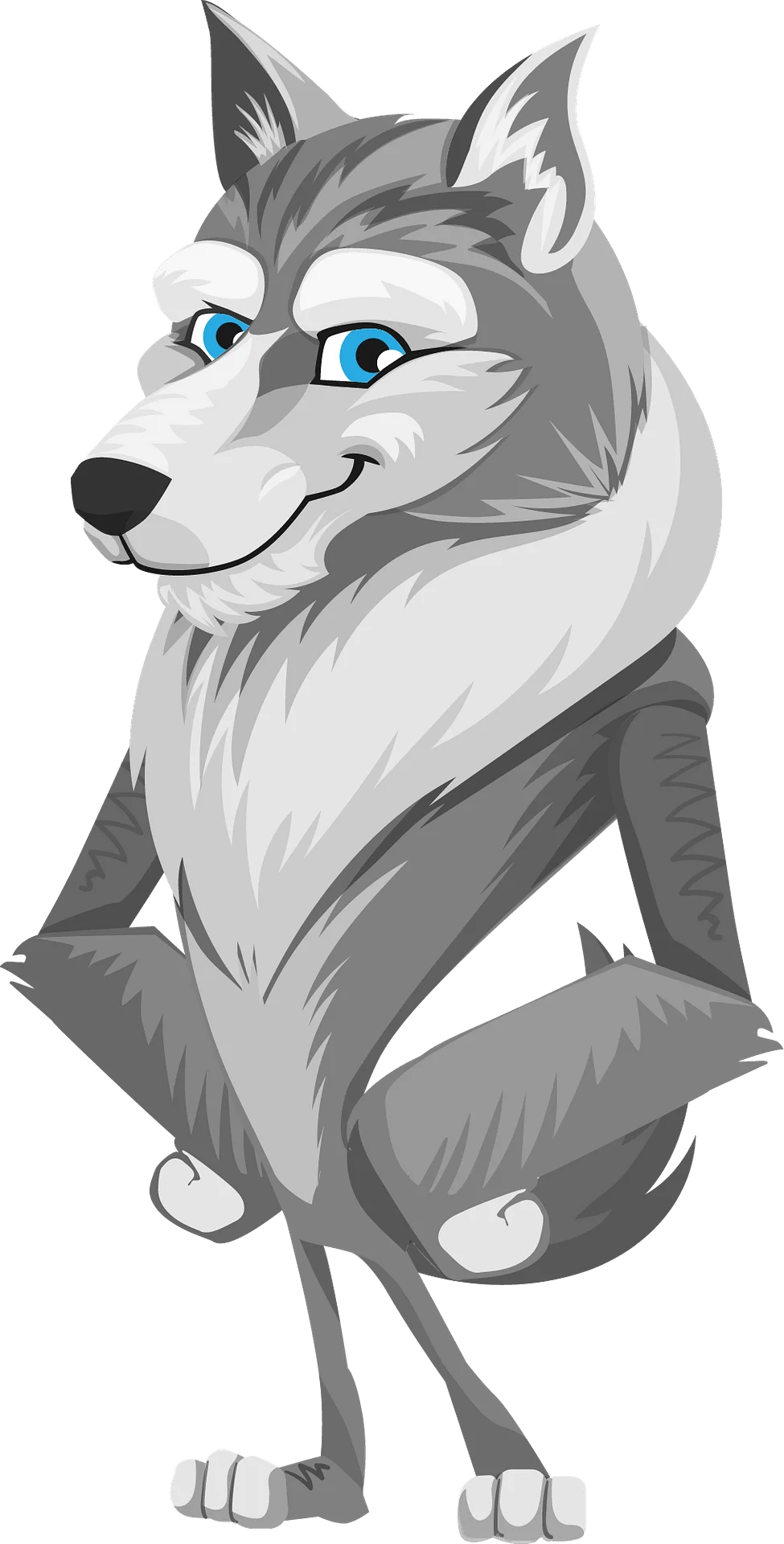 Charming Gray Wolf Clipart with Playful Expression and Blue Eyes
