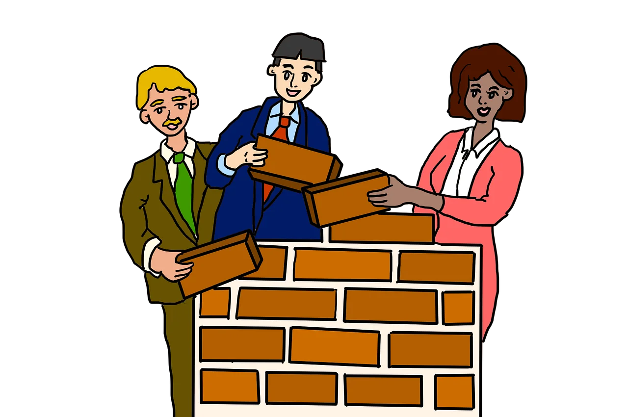 Collaborative Construction: Professional Team Building Brick Wall Clipart Illustration