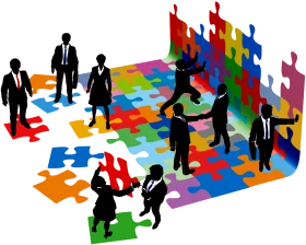 Collaborative Teamwork Strategies: Diverse Professionals Solving Complex Puzzle Clipart