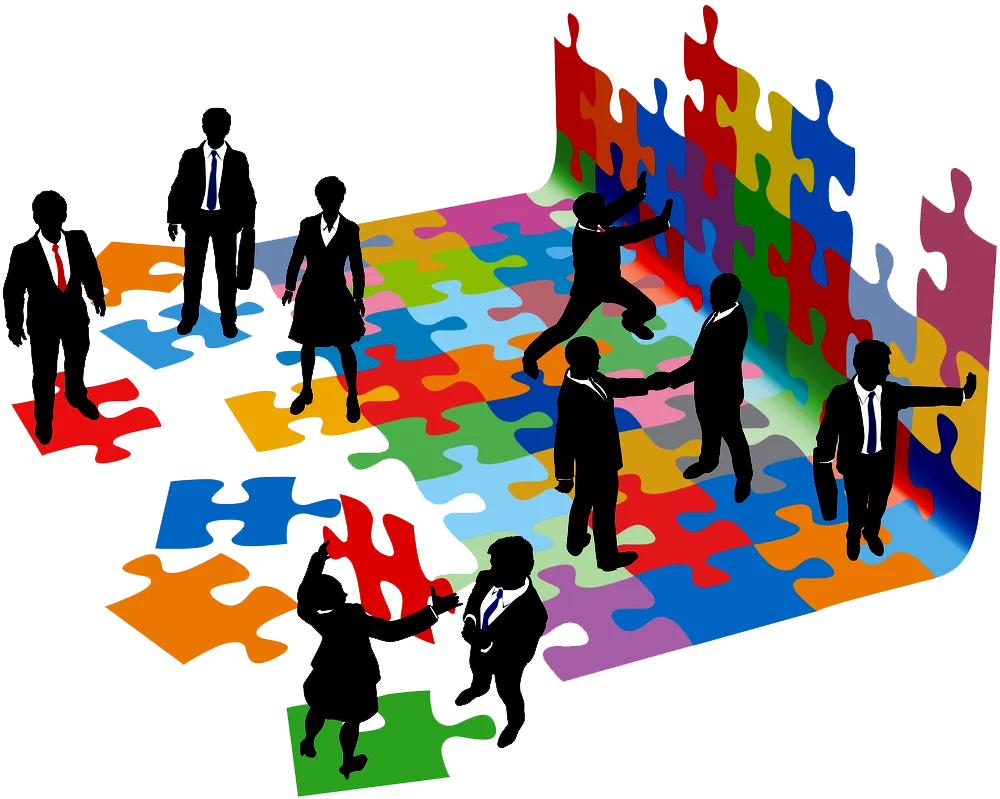 Collaborative Teamwork Strategies: Diverse Professionals Solving Complex Puzzle Clipart