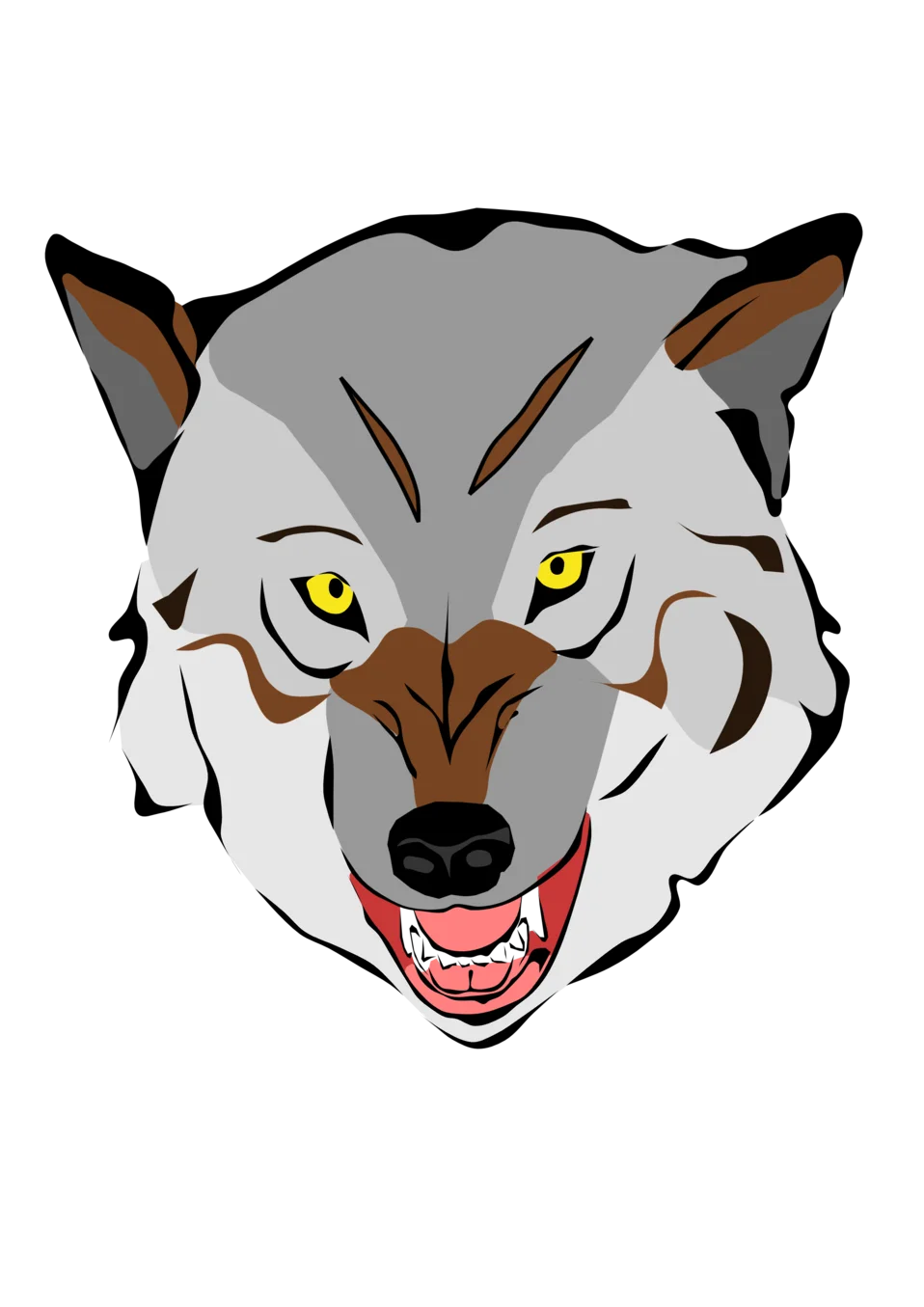 Fierce Gray Wolf Head Clipart Illustration with Intense Yellow Eyes
