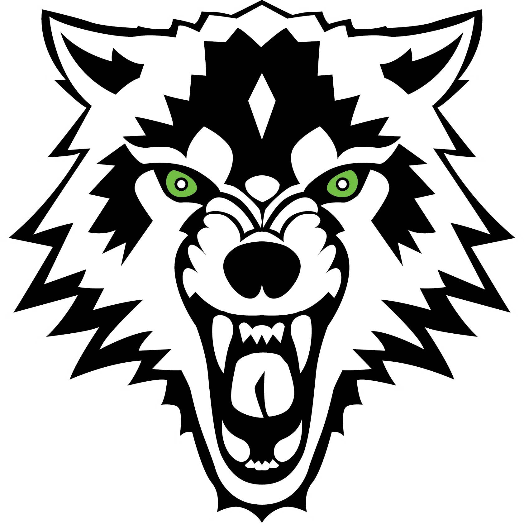 Fierce Snarling Wolf Head Tribal Clipart Design with Piercing Green Eyes