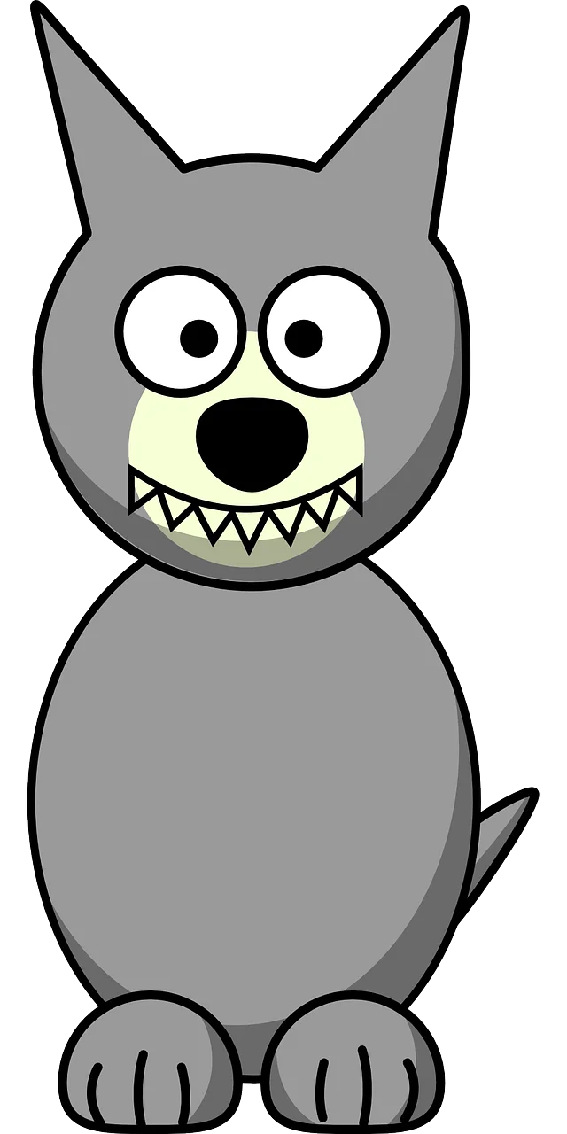 Whimsical Gray Wolf Cartoon Clipart with Exaggerated Grin and Large Eyes