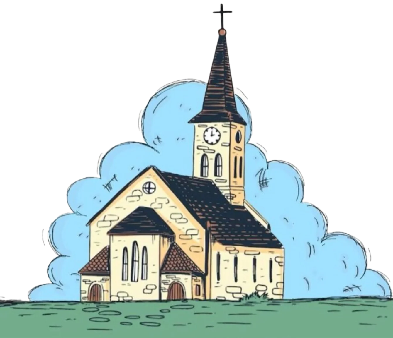 Charming Country Church Clipart Illustration with Cloudy Sky Background