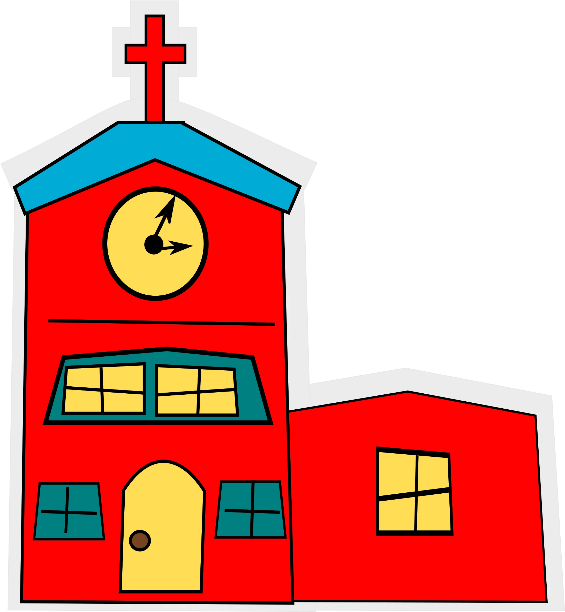 Charming Red and Blue Church Building Clipart with Cross and Clock