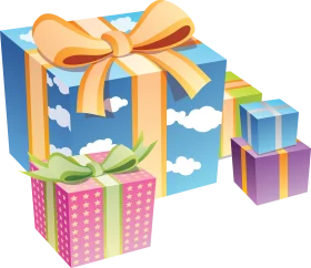 Cheerful Birthday Gift Boxes Stacked with Playful Clouds Clipart Design
