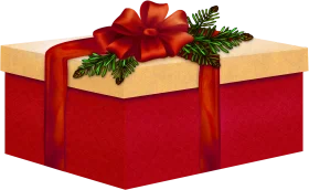 Elegant Red and Gold Holiday Gift Box Clipart with Festive Bow and Pine Accents