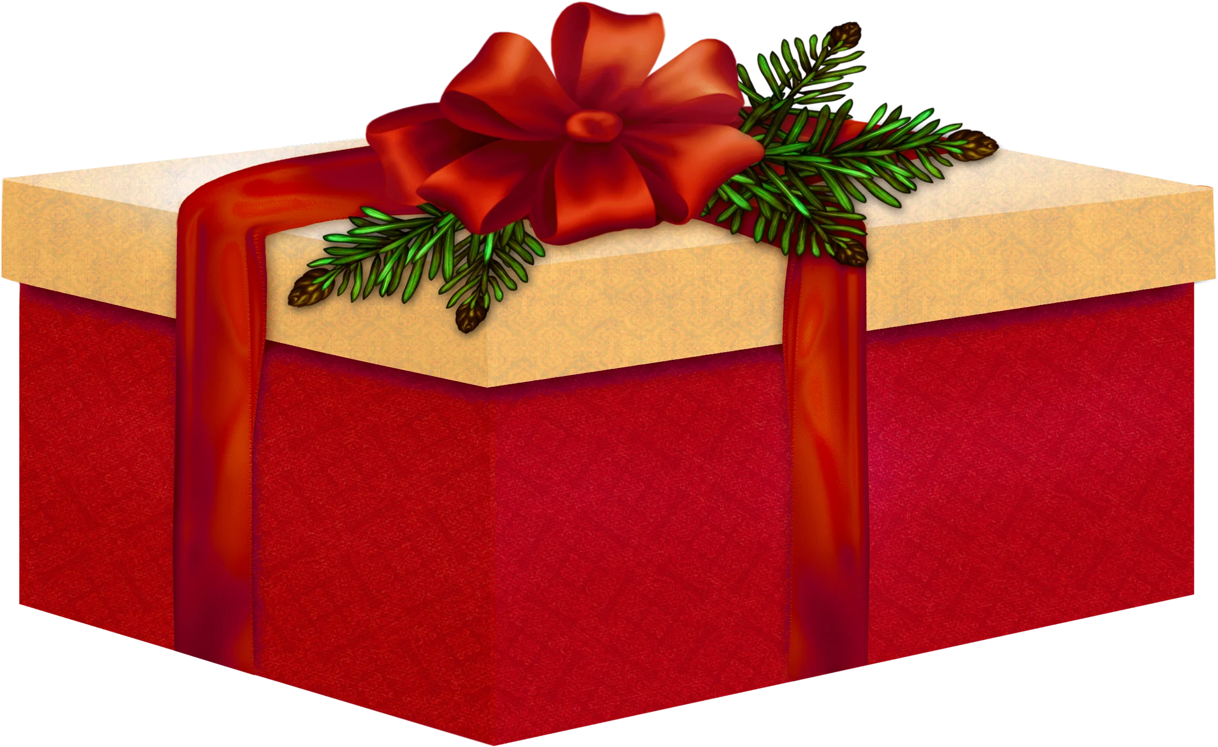 Elegant Red and Gold Holiday Gift Box Clipart with Festive Bow and Pine Accents