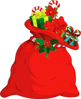 Festive Christmas Clipart: Overflowing Red Santa Claus Gift Bag with Presents