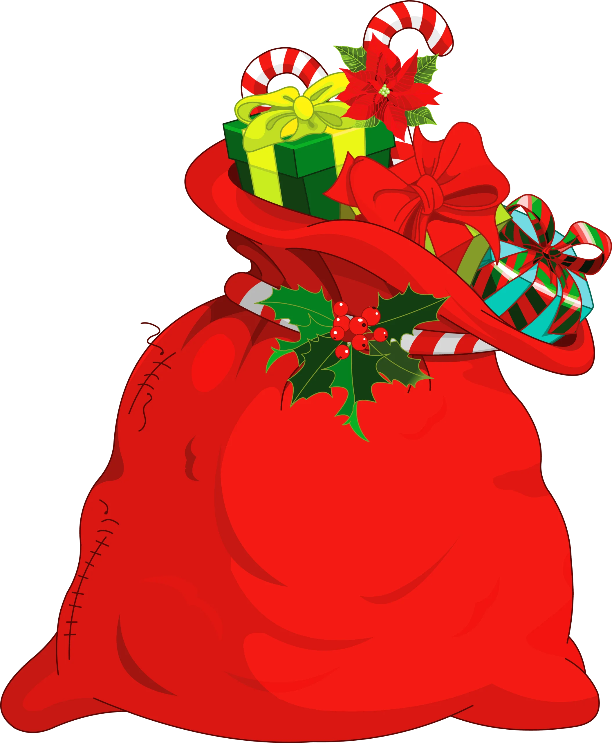 Festive Christmas Clipart: Overflowing Red Santa Claus Gift Bag with Presents