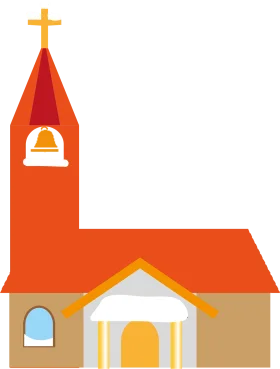 Minimalist Orange and Tan Church Building Clipart Design with Cross and Bell