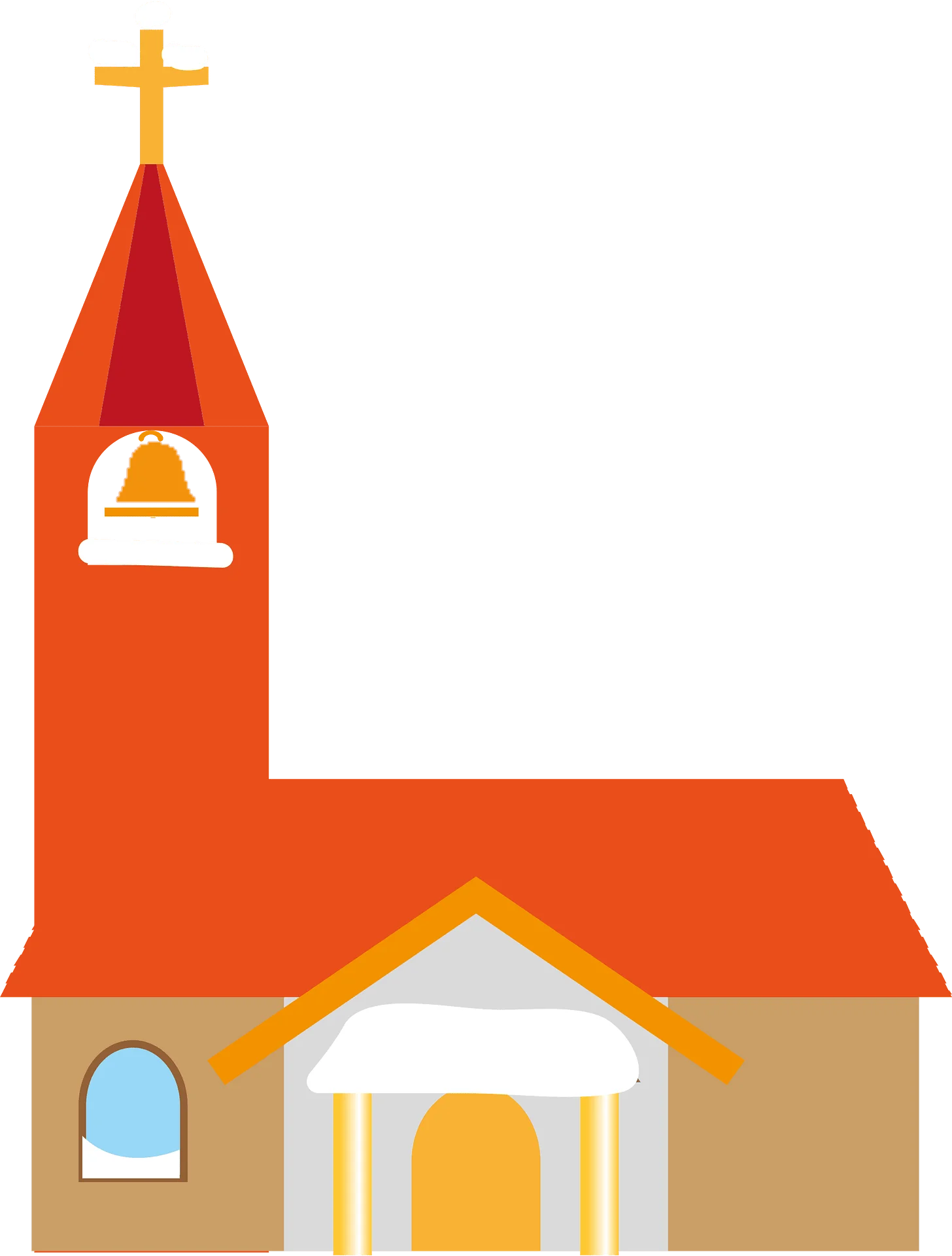 Minimalist Orange and Tan Church Building Clipart Design with Cross and Bell