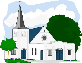 Serene White Country Church Clipart with Green Landscape and Steeple