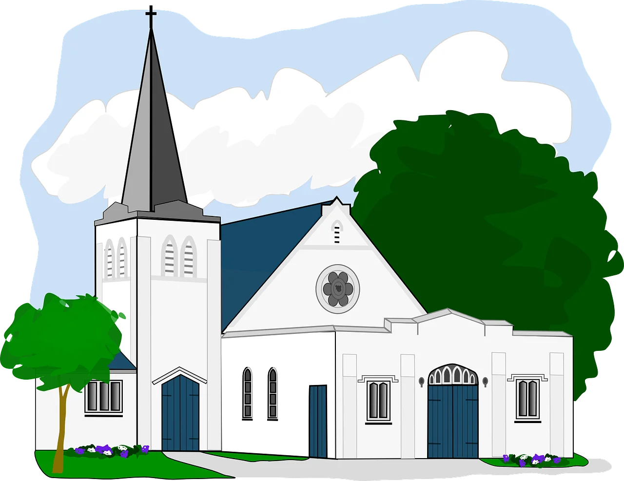 Serene White Country Church Clipart with Green Landscape and Steeple