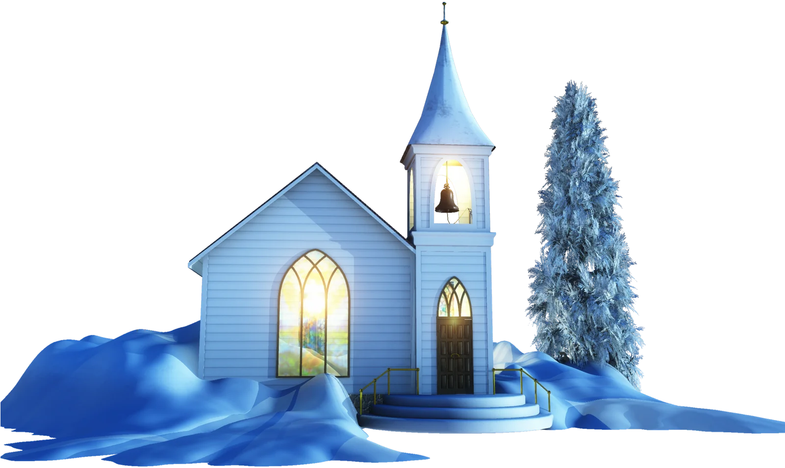 Serene Winter Blue Church Clipart with Frosty Landscape and Elegant Spire