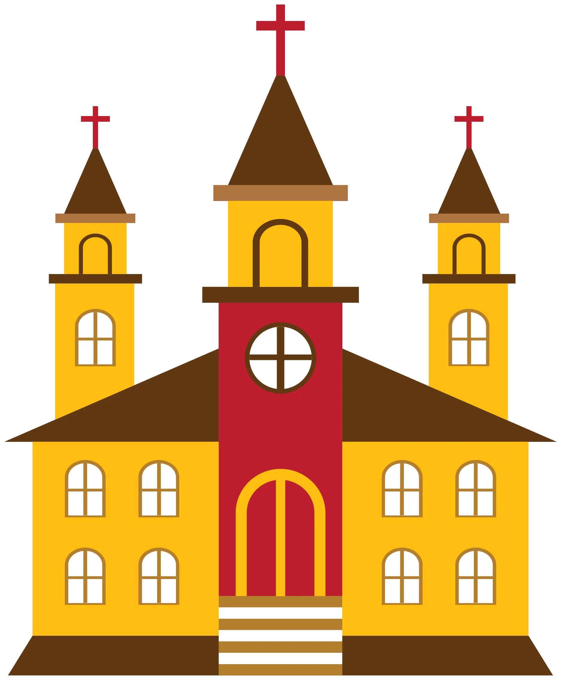 Traditional Symmetrical Church Architectural Clipart with Crosses and Windows