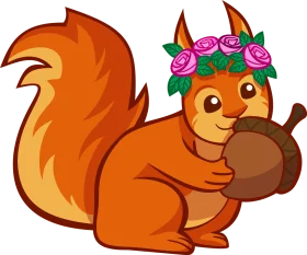 Adorable Orange Squirrel Clipart with Floral Crown and Acorn Companion