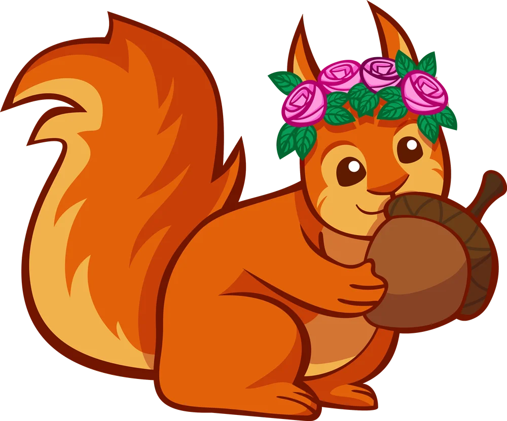 Adorable Orange Squirrel Clipart with Floral Crown and Acorn Companion