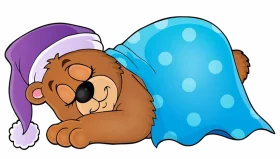 Adorable Teddy Bear Snoozing Peacefully Under Blue Polka Dot Blanket Clipart