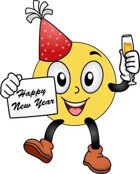 Cheerful Yellow Smiley Face New Year Celebration Clipart Design with Party Hat