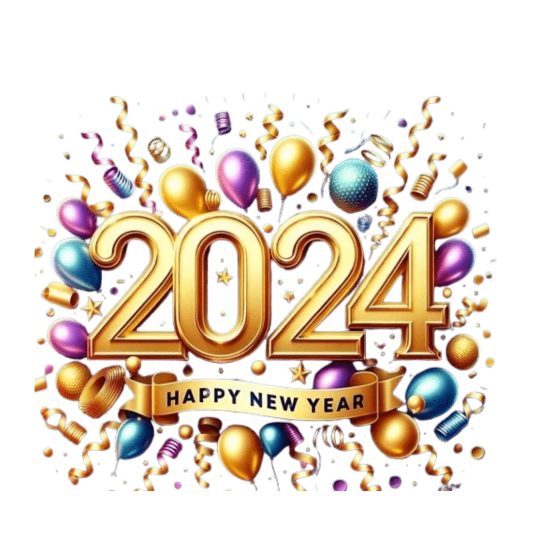 Dazzling 2024 New Year Celebration Clipart with Balloons and Confetti Explosion