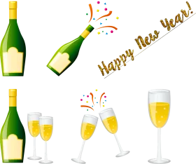 Festive New Year's Celebration Champagne Bottles and Glasses Clipart Collection