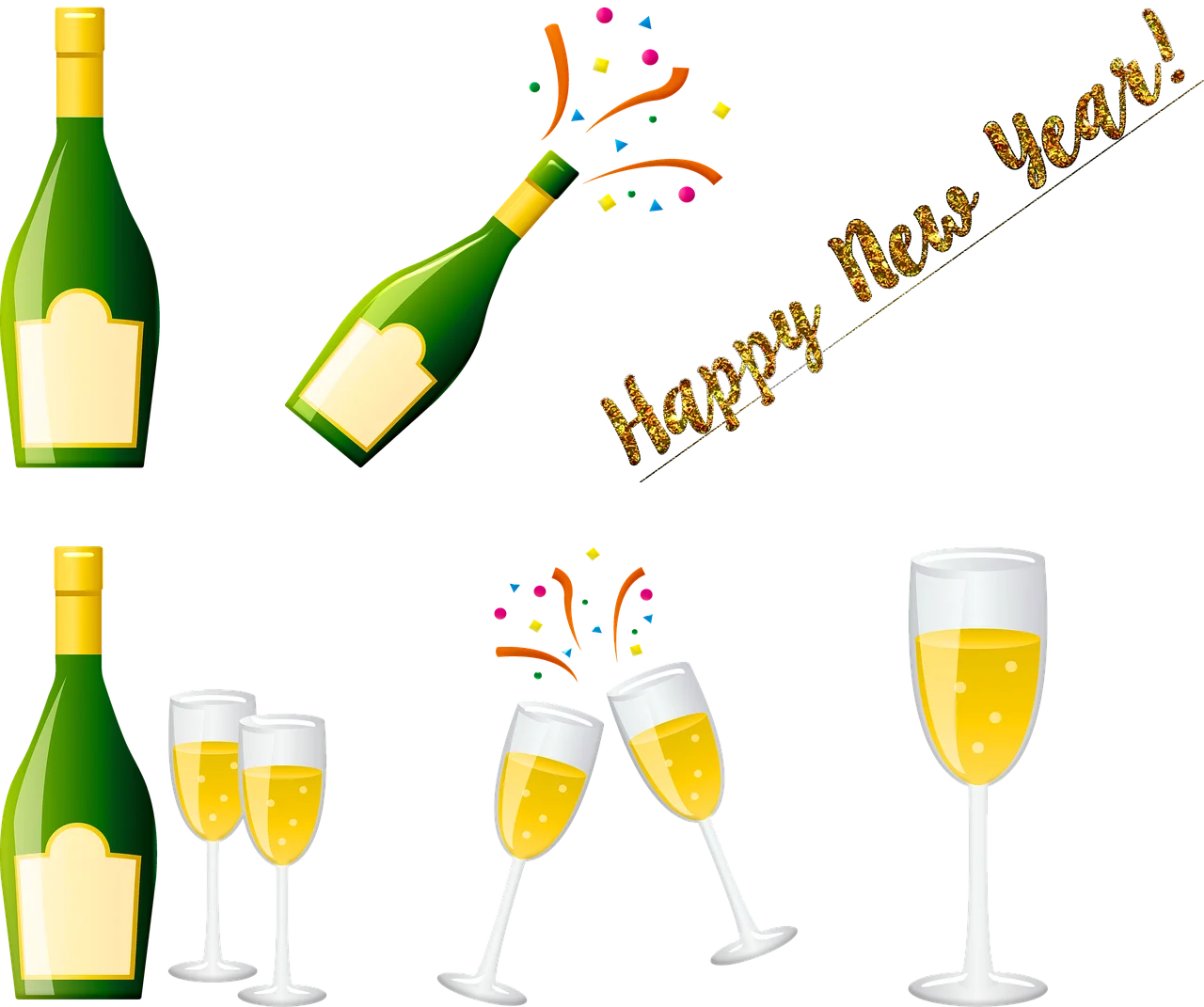 Festive New Year's Celebration Champagne Bottles and Glasses Clipart Collection