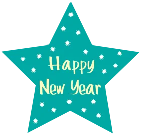 Teal Star-Shaped Happy New Year Clipart Design with Sparkling White Snowflakes