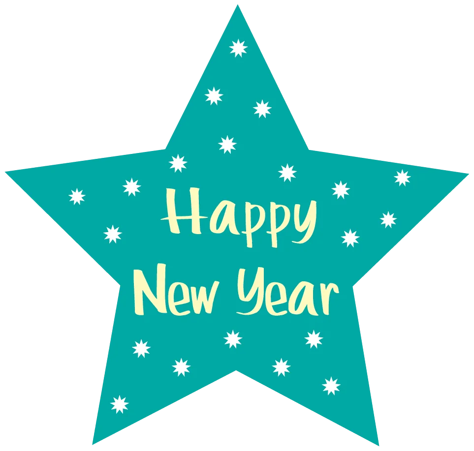 Teal Star-Shaped Happy New Year Clipart Design with Sparkling White Snowflakes