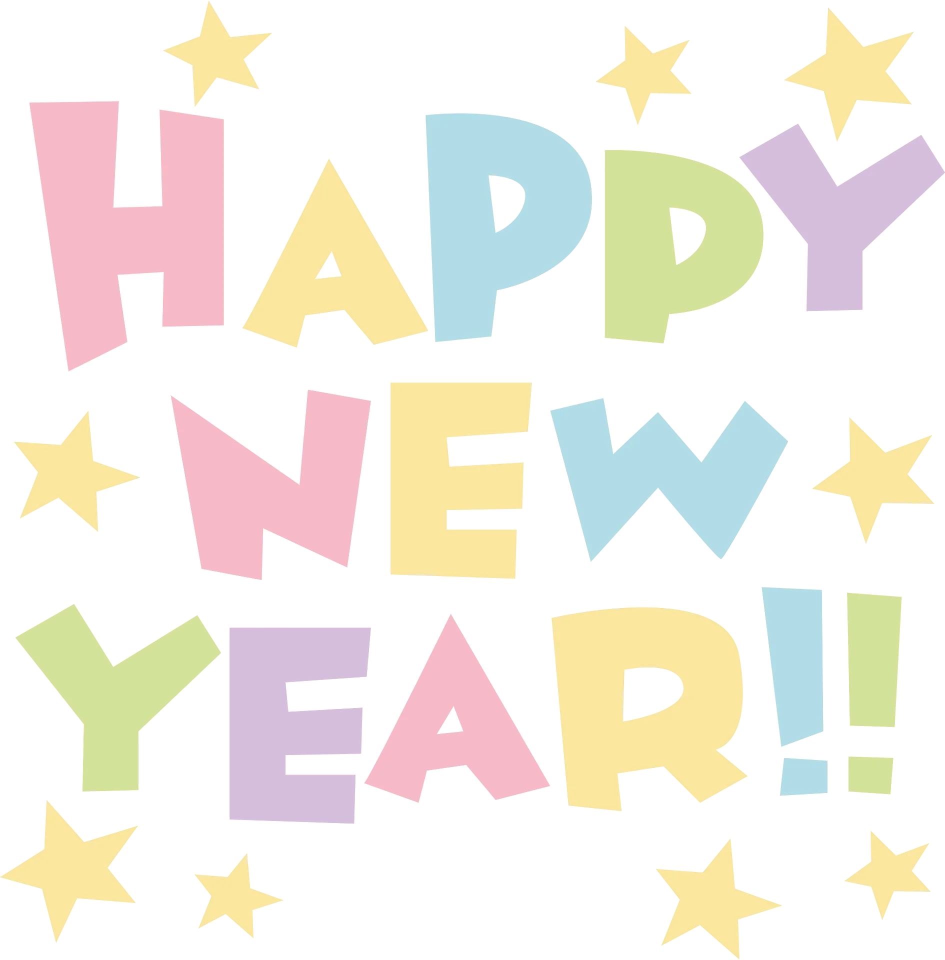 Whimsical Pastel Happy New Year Celebration Clipart with Playful Stars