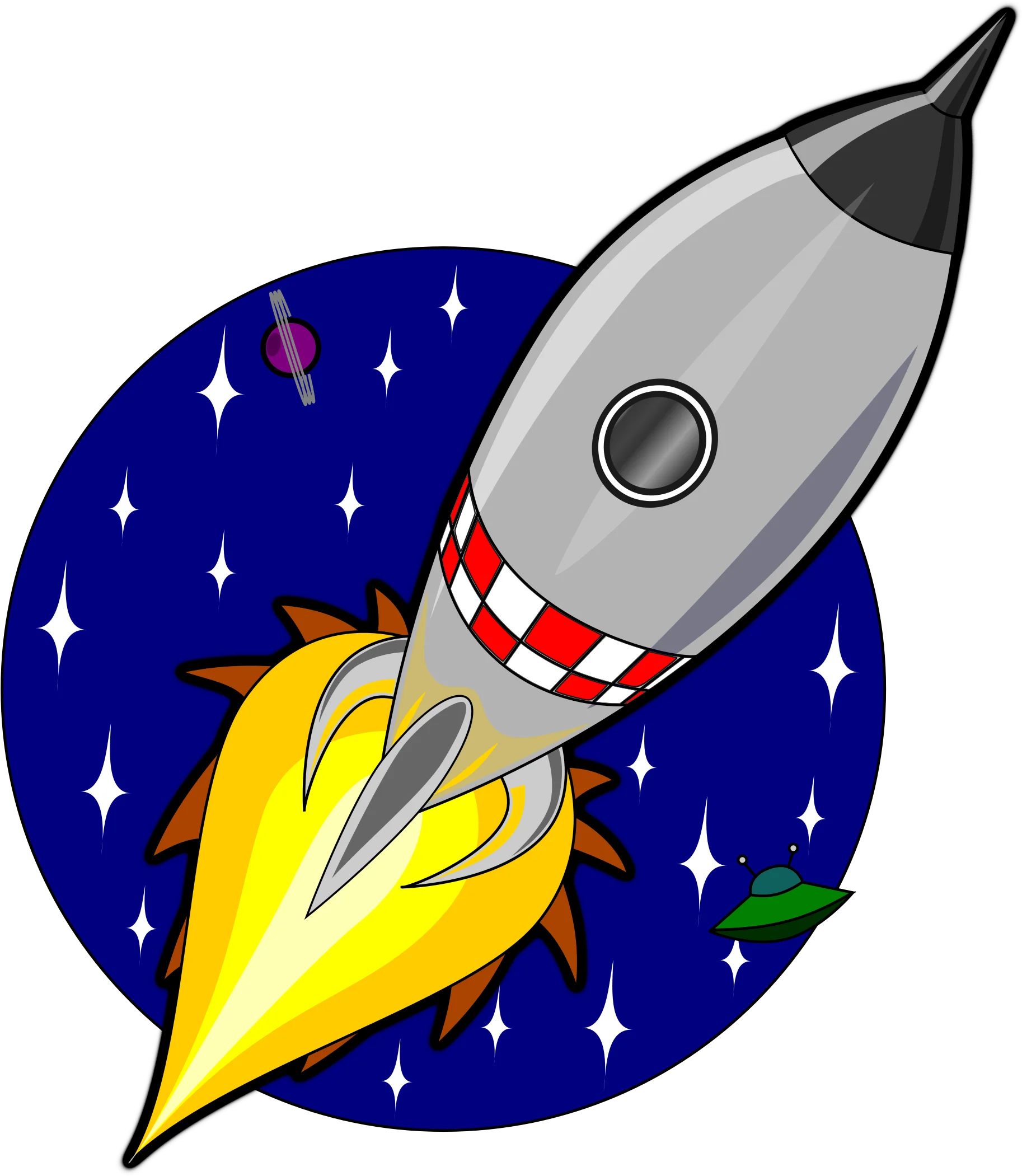 Retro Rocket Blasting Off into Starry Night Space Clipart Illustration