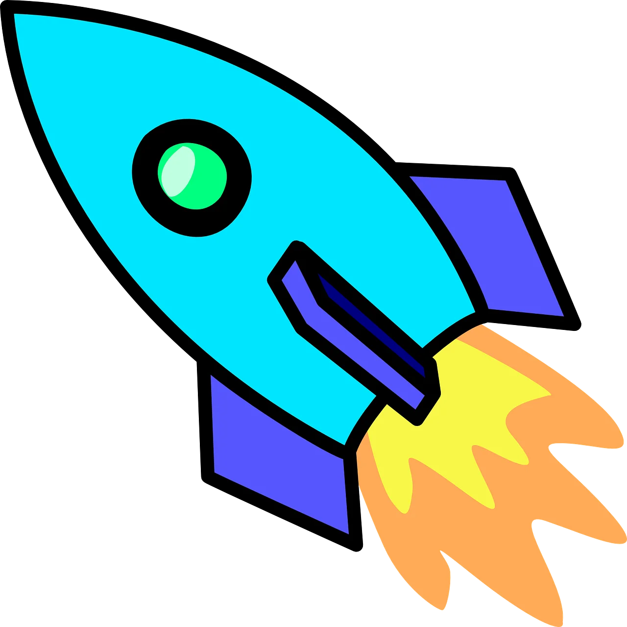 Retro-Style Blue Cartoon Rocket Clipart with Dynamic Flame Design