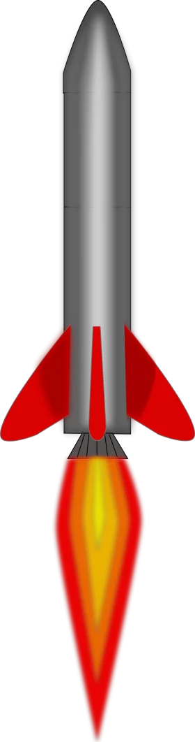 Sleek Gray Rocket Clipart with Fiery Red Fins and Blazing Propulsion Exhaust