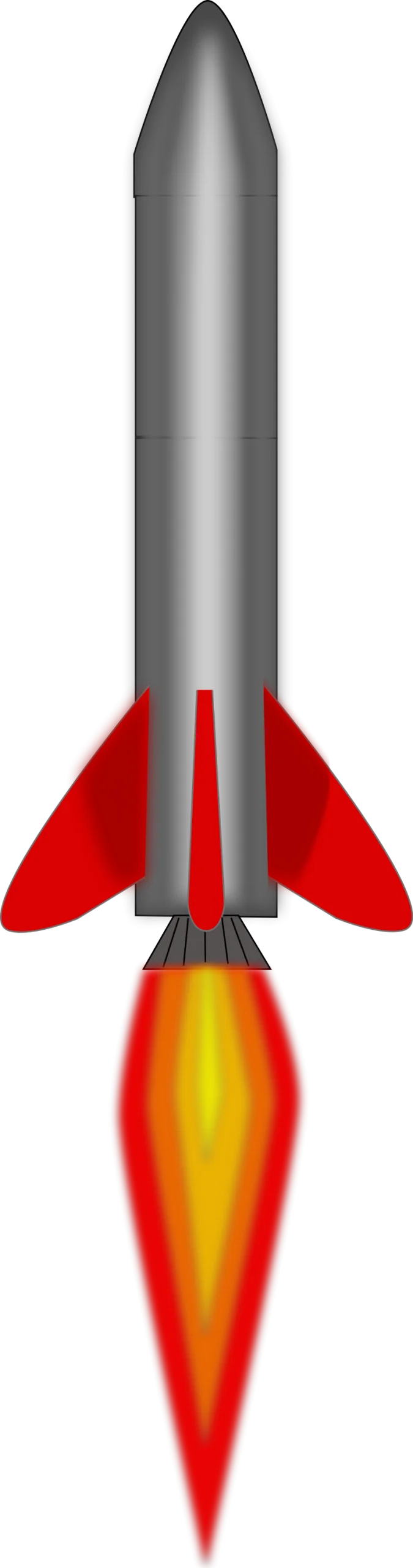 Sleek Gray Rocket Clipart with Fiery Red Fins and Blazing Propulsion Exhaust